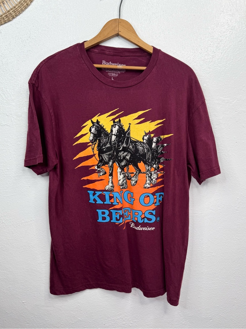 Budweiser T-Shirt Mens L Maroon Graphic Clydesdales King of Beers